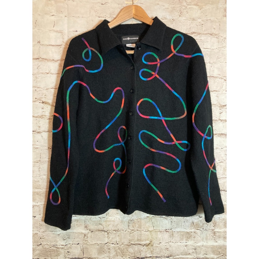 Sag Harbor Boiled Wool Jacket Womens Petite XL Artsy Embroidered Swirls Button